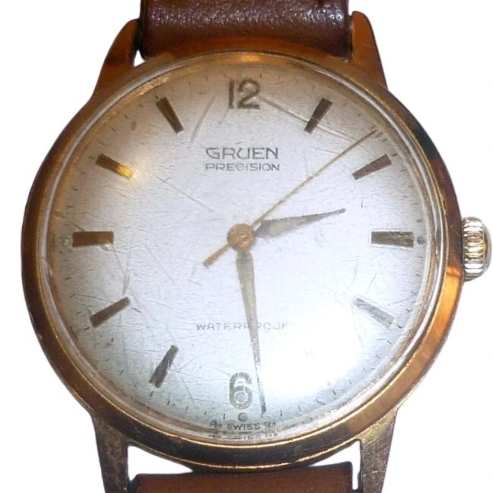 Vintage Gruen Precision Mechanical Mens Watch Gold Tone Working Leather Strap